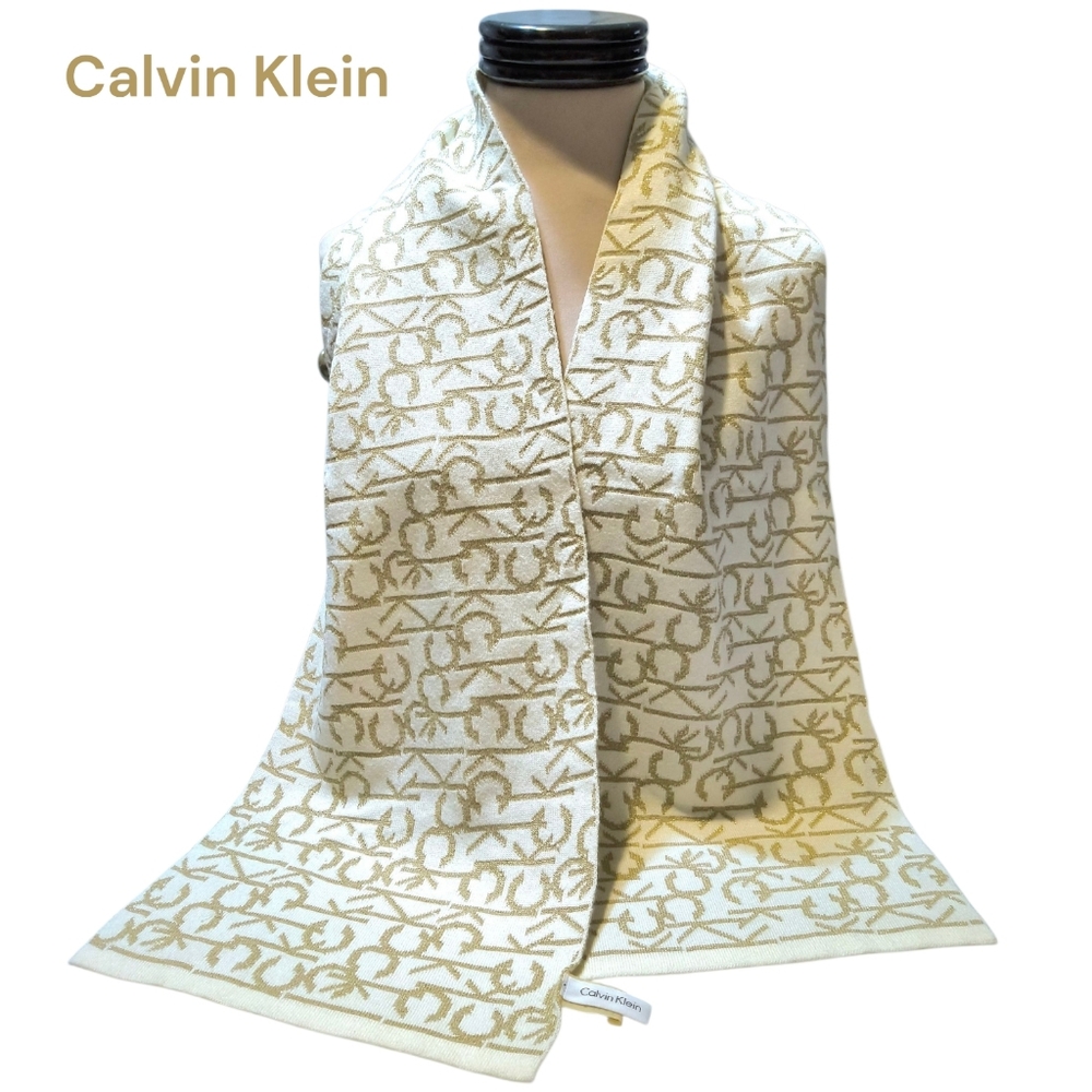 Calvin Klein Ivory and Gold Metallic Scarf 60 x 10 Monogram Accessory